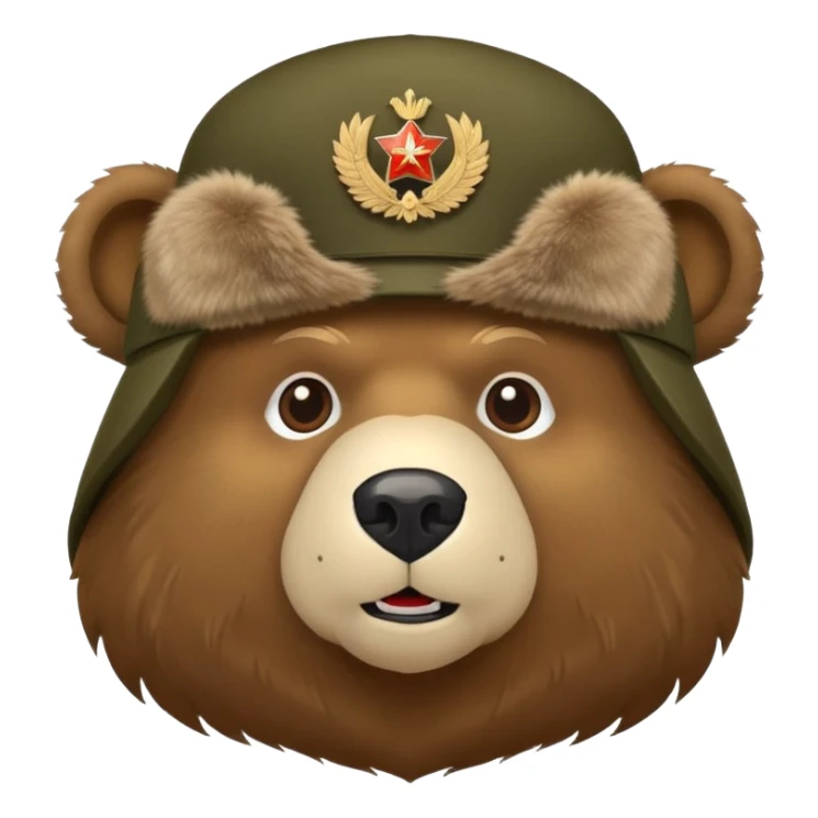 Cartoon Russian bear head wearing military style ushanka hat with Russian emblem, iOS emoji style sticker