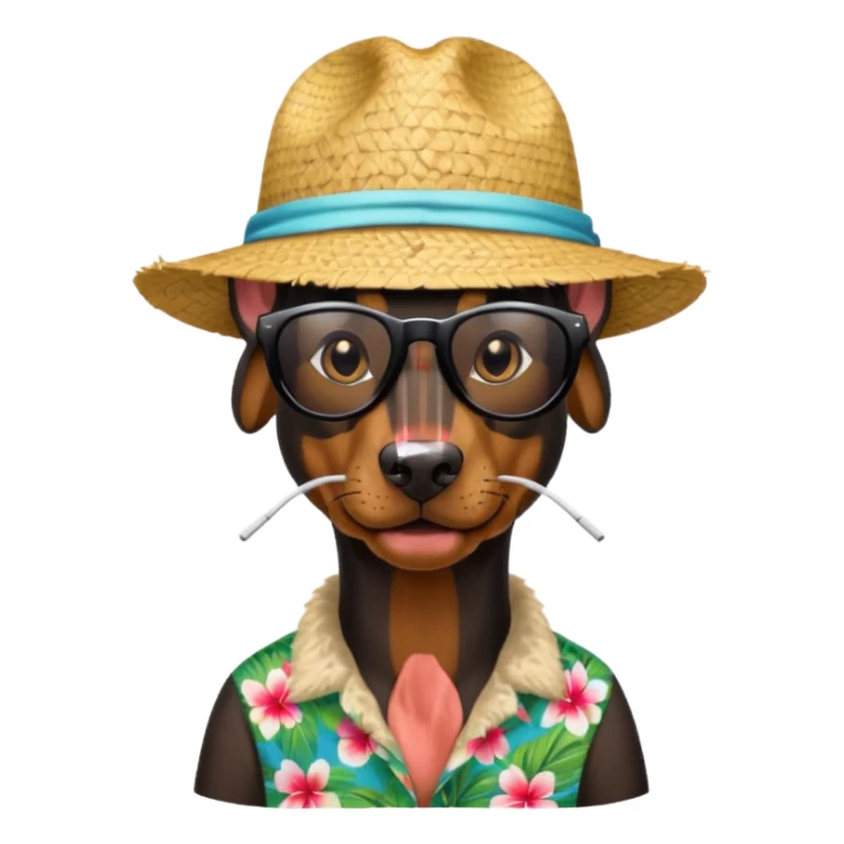 doberman with sunglasses and straw hat, hawaii shirt sticker
