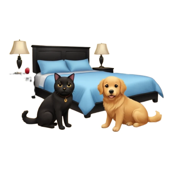 golden retriever and black cat in a bedroom sticker