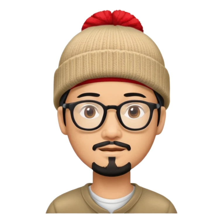 Asian man with black goatee, glasses, wearing a small red beanie sticker