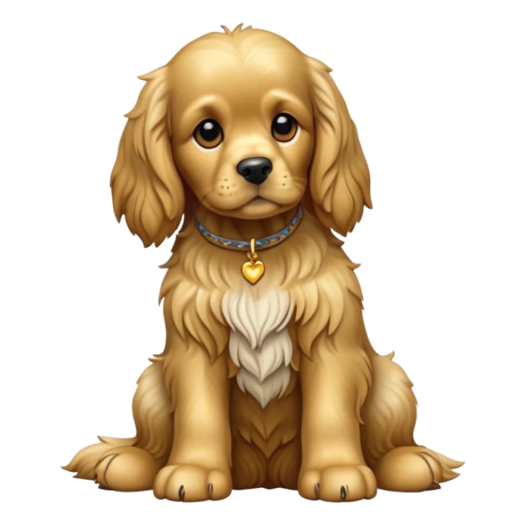 cinematic-[cocker spaniel dog]-realistic-full-body-sitting-emoji,-tail-resting-loosely-beside-its-paws,-head-tilted-dramatically,-scruffy-[solid gold]-fur,-simplified-yet-realistic-focused-features,-highly-detailed,-glowing-with-an-almost-sarcastic-glow sticker