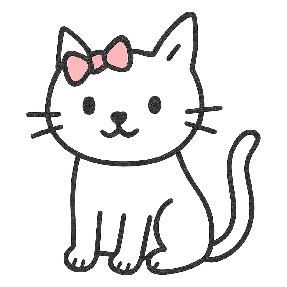 Make the cat white with a pink ribbon on her head, no background, keep the hand drawn black outline style. sticker
