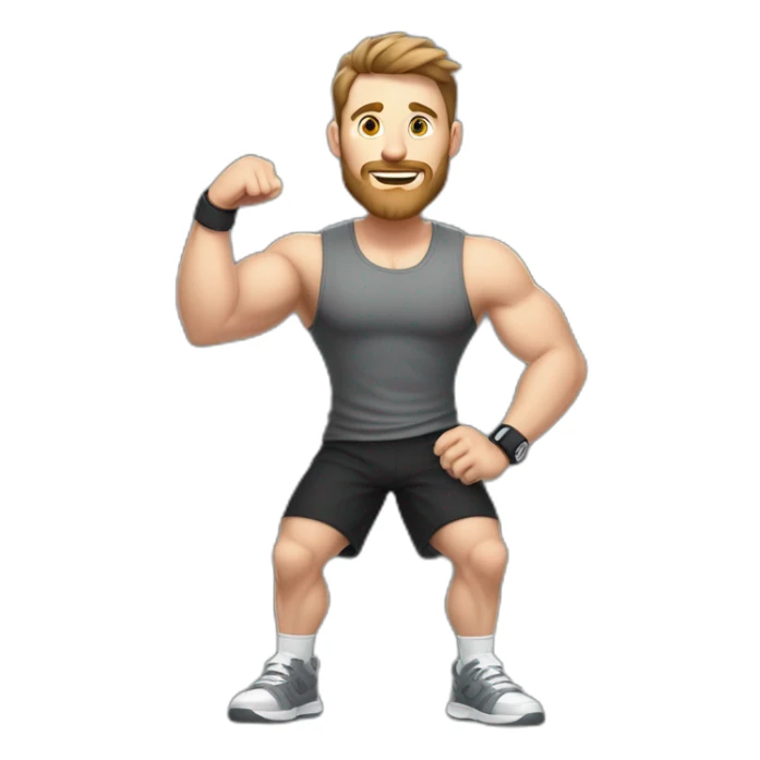 Full height Actively gesturing with hands Pale skinned Fit Man With the biceps and brown hair in dark gray Sleeveless Mike, black oversize sports shorts, watch and white Sneakers sticker