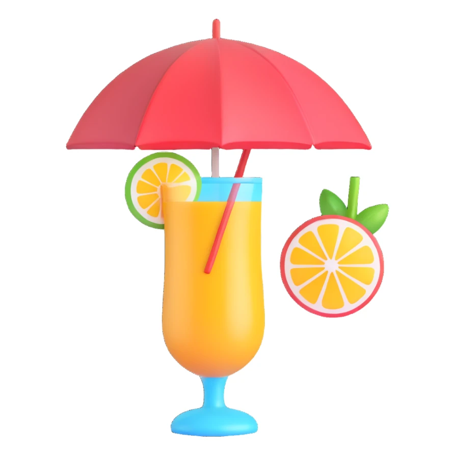 tropical drink with umbrella, vivid colors, 3D emoji style sticker