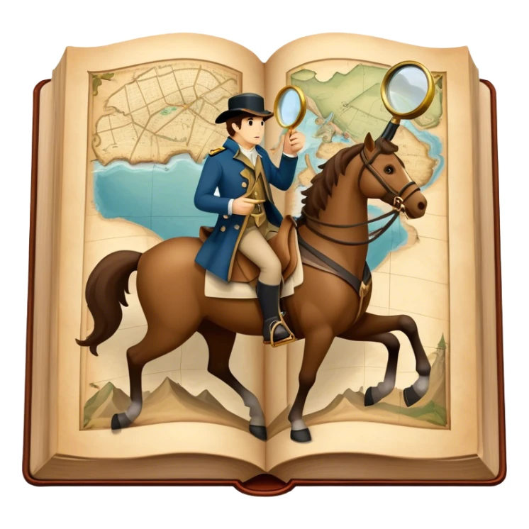 Collage for Reading Fiction: large open book with pages turning into with musketeers on horseback, Sherlock Holmes with a magnifying glass standing nearby, treasure island map. The icon should evoke the adventure and romance of exploring fictional worlds. Transparent background sticker