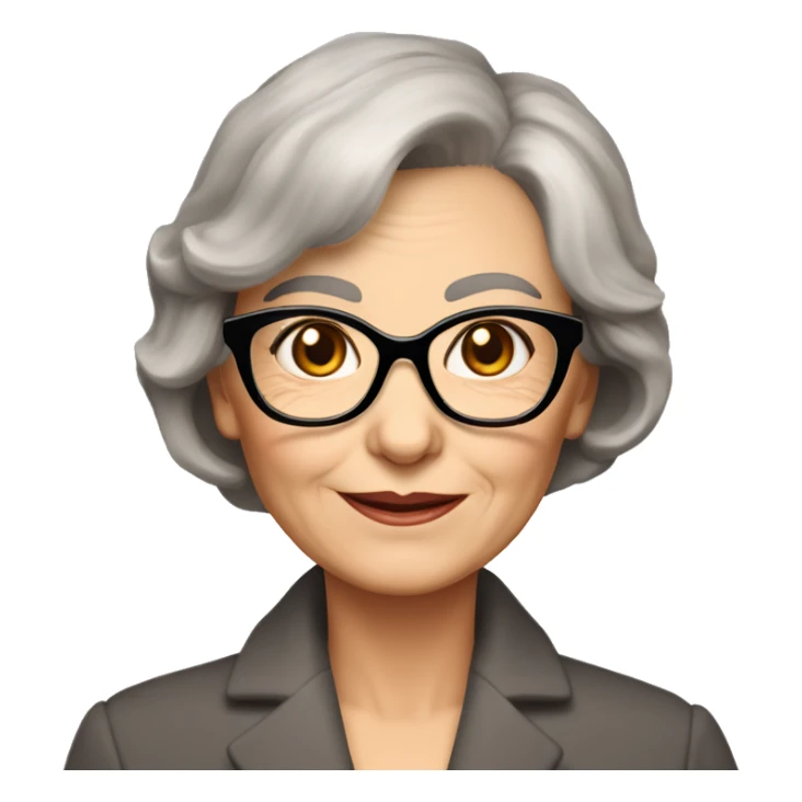 75 years old girl
Short brown hair with bob styling
light skin small square 
glasses with refined frame
Brown eyes with cat eye liner sticker