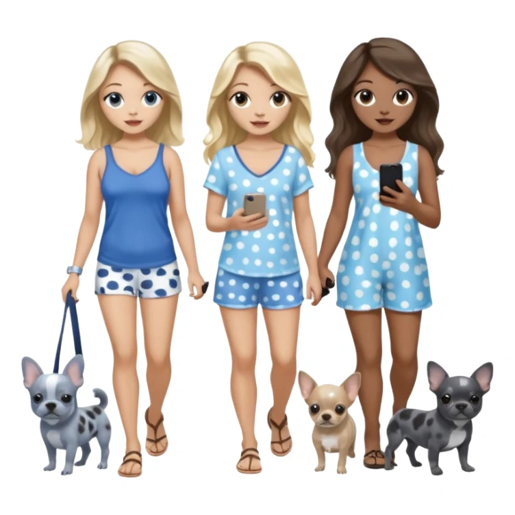 Three pretty women in beach clothes one walking a blue and gray spotted Merle Frenchie, one walking a black chihuahua puppy, one holding iPhone, hazel eyed light skin with dark blonde long hair and light light skin hazel eyed long wavy brown hair, blue eyed light skin long blonde hair  sticker