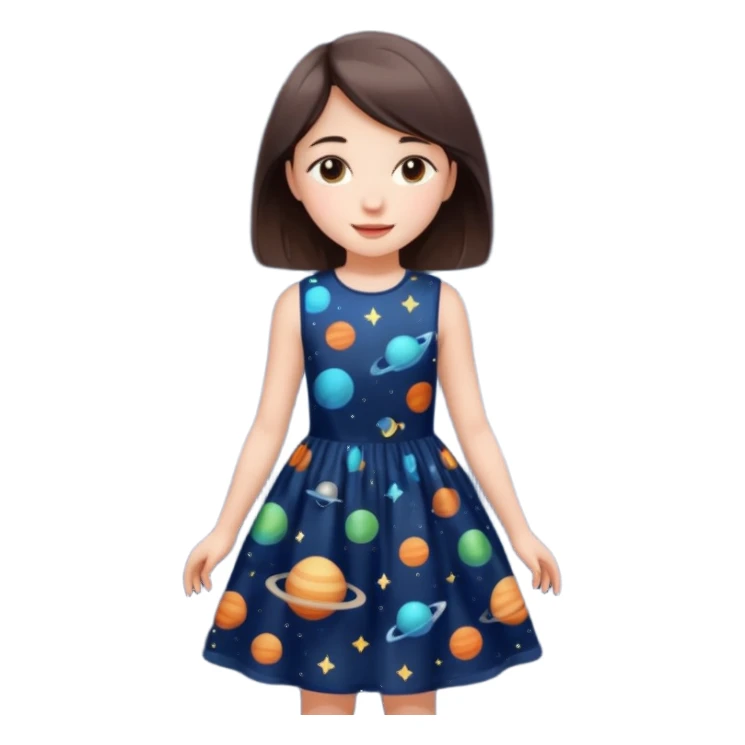 girl wearing a dress with a space print, simple, cheerful expression sticker
