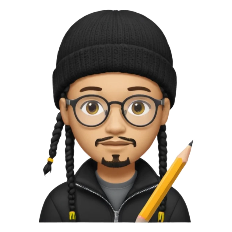 A creative young man with a pencil, glasses and a beanie. He holds a pen in his hand. He has dreadlocks, a slight moustache and bit of a beard. He's a lightskin blAsian man. He wears a black quarterzip jumper. sticker