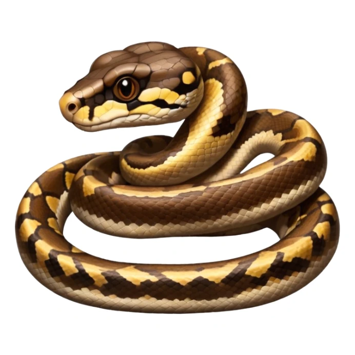 A photo-realistic top-down view of a Ball Python gently coiled into a tight spiral, with its head resting peacefully at the center. Its scales are warm brown with bold, irregular black markings, including the distinctive “alien-head” pattern, flowing smoothly along its body.  sticker