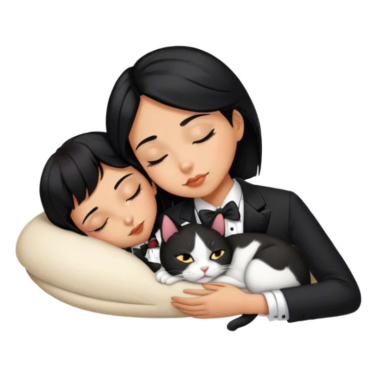 Black hair girl sleeping with tuxedo cat sticker