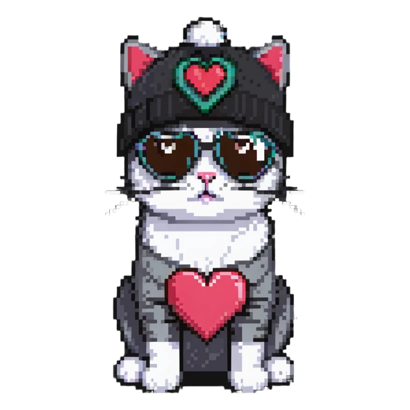 cat wearing a beanie and heart-shaped sunglasses sticker