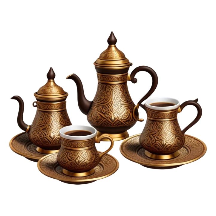 Turkish Coffee Set – Cinematic Realistic Turkish Coffee Set, depicted as an elegantly arranged ensemble of ornate coffee cups and a traditional cezve pot, adorned with intricate patterns and rich, warm colors, rendered with detailed textures and soft ambient lighting that captures its cultural heritage. sticker