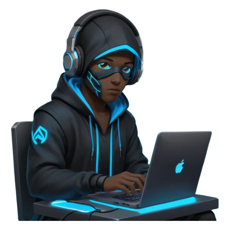 developer behind his laptop with this style : crysis Cyberpunk Valorant neon glowing bright blue character blue black hooded assassin themed character sticker