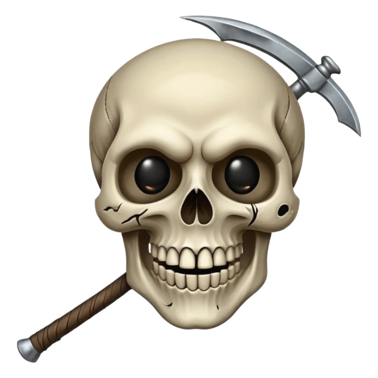 A laughing skull with a scythe crossed behind it, one eye socket winking. Clean, stylized lines, flat vector. Medieval woodcut style. Black and white with one accent color (tarnished silver). No background. sticker