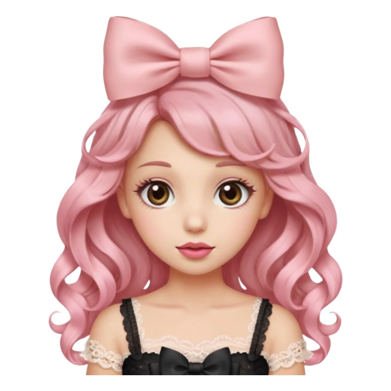 “Emoji girl, doe eyes, long fluttery lashes, soft pink blush, glossy rose lips, ribbon hair bow, romantic curls, wearing lace top.” sticker