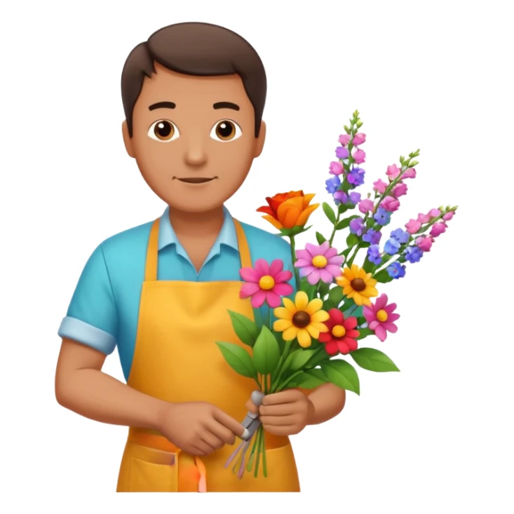 Middle-aged male florist – apron on, trimming stems with scissors sticker