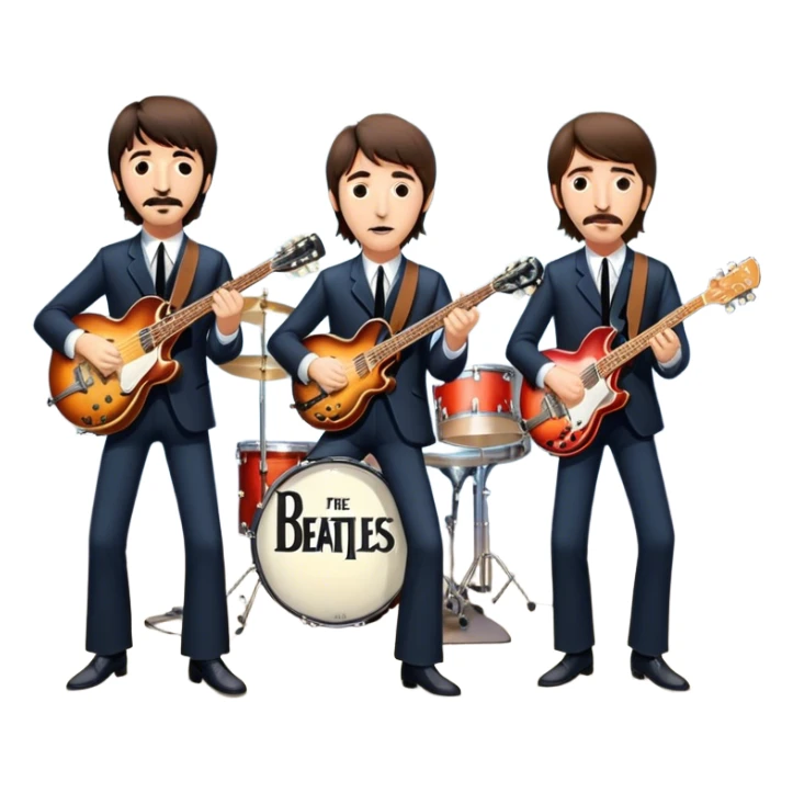 Rock music icon: The Beatles performing live on stage. John Lennon with guitar, Paul McCartney with bass, George Harrison with guitar, Ringo Starr on drums. Bright lights, energetic performance. Transparent background. sticker