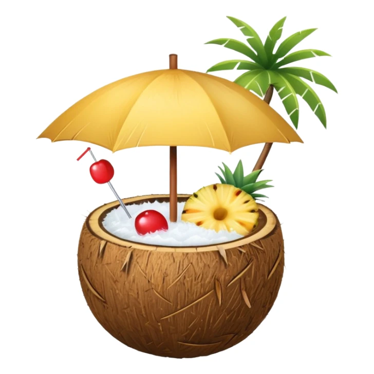 A tropical cocktail served in a coconut shell with a mini umbrella and pineapple.
 sticker