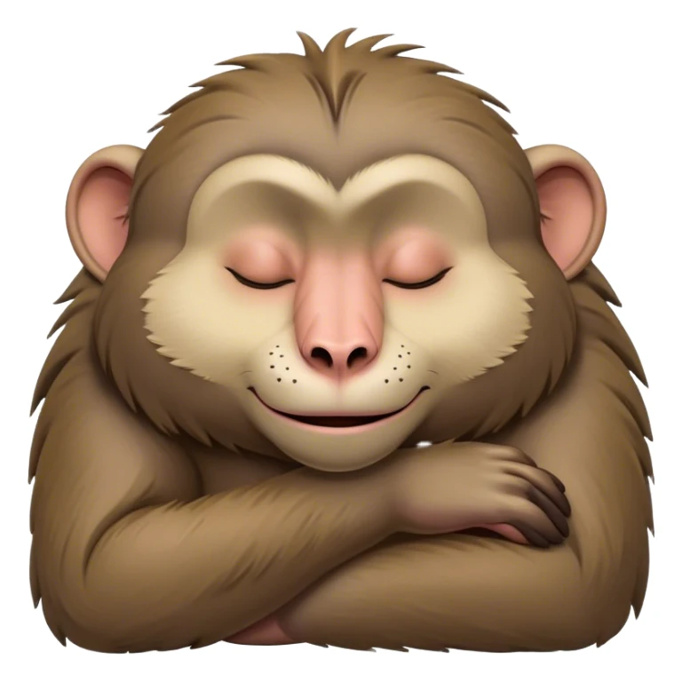 Meme-Worthy Cute Sleeping Baboon Portrait Emoji, Head resting peacefully with a contented smile, showcasing a robust build and a luxuriously soft Fur of earthy browns, eyes shut in a serene, restful nap, Simplified yet hilariously adorable features, highly detailed, glowing with a soft, drowsy light, high shine, relaxed and utterly lovable, stylized with an air of playful laziness, bright and heartwarming, soft glowing outline, capturing the essence of a comically sleepy baboon, so meme-worthy it feels like it could instantly become the next viral sensation of adorable slumber! sticker