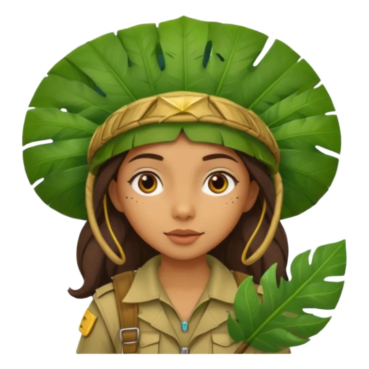 a girl explorer with jungle wearing a large leaf headgear bye  sticker