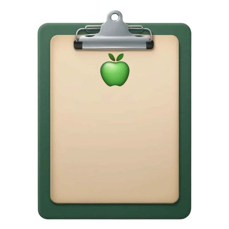 dark green clipboard with light beige paper sheet, minimalism, no text, Apple emoji style sticker