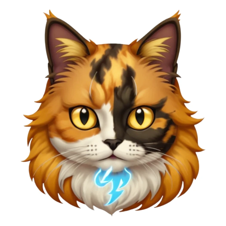 long hair tortoiseshell cat with a black face, white beard and yellow lightning mark above left eye sticker