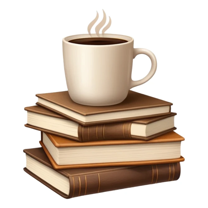 Stack of brown books with a coffee cup on top sticker