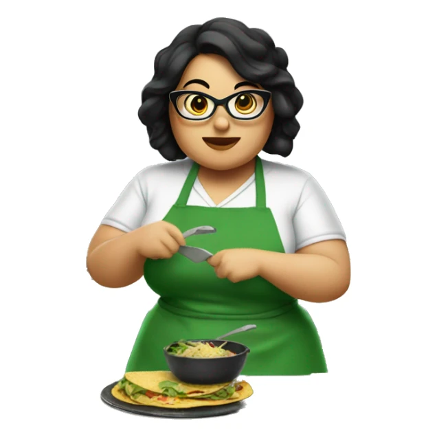 chubby lady with black hair green apron  with glasses cooking tacos sticker