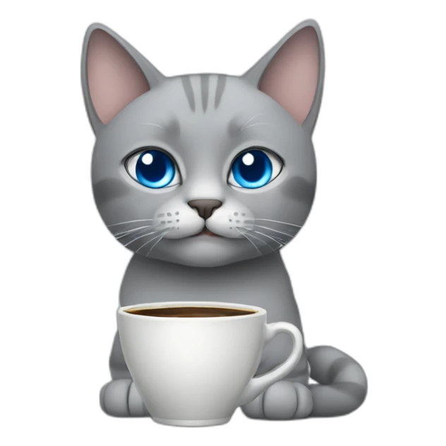 A blue-eyed gray cat with a cup of coffee sticker