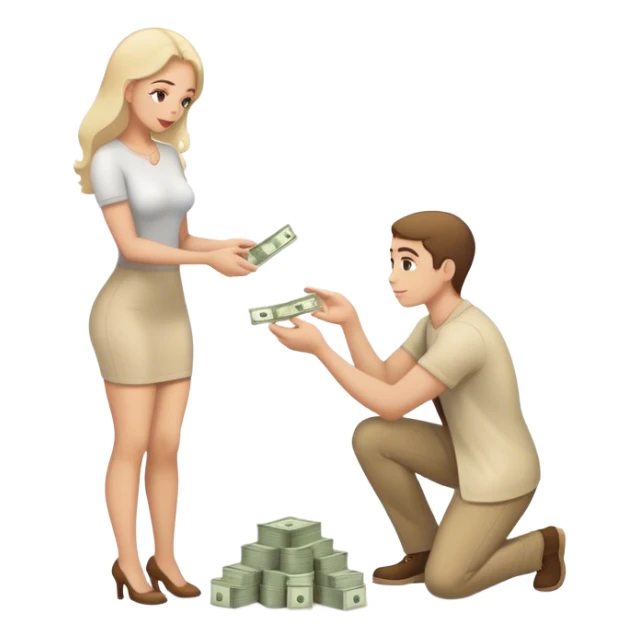 Man on knees woman standing handing her money sticker