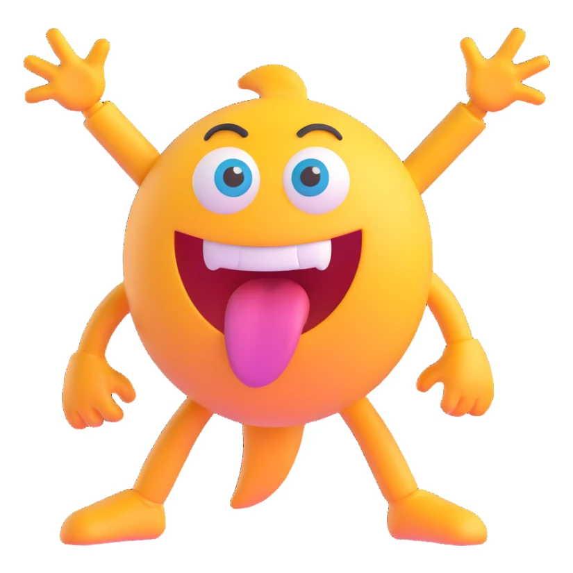 Make the expression even wilder with crossed and spinning eyes, huge open mouth, tongue out, energetic and silly, front facing, transparent background in 3D emoji style. sticker