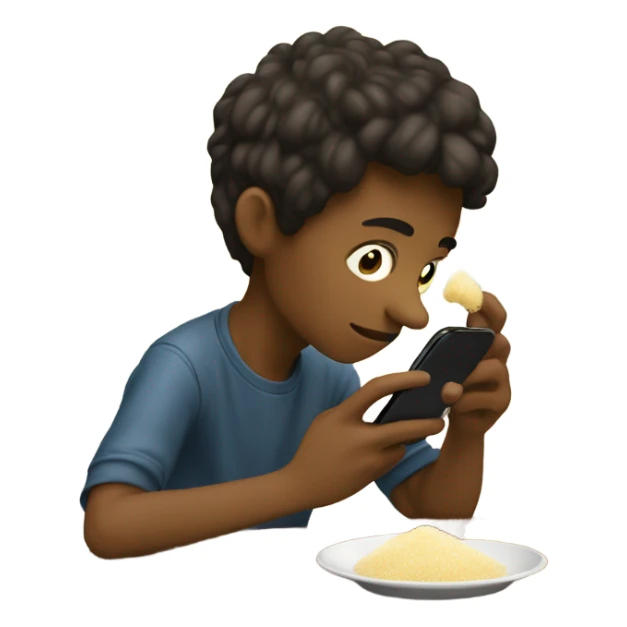 boy with phone indoors sniffing sugar off his table sticker