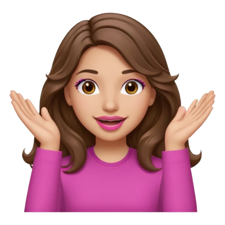 girl with long wavy brown hair, brown eyes, light to medium complexion, in a pink shirt, pink lips, long lashes, puckered lips, both hands in teh air sticker
