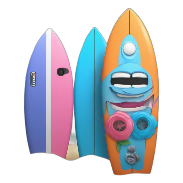 surf board Cartoon Blue and orange smiling and a microphone Cartoon Blue and pink  sticker