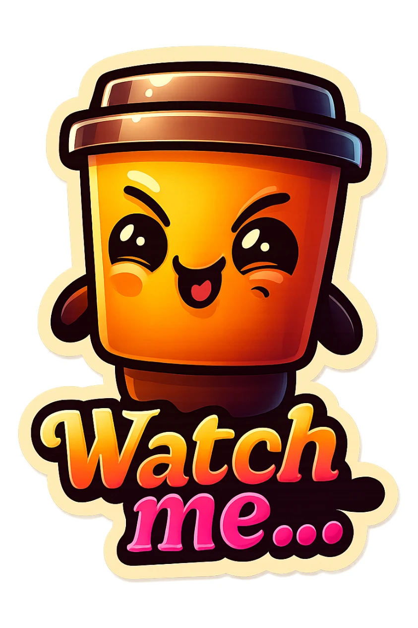 Tall coffee cup, giggling, mischievous eyes, "Watch me..." sticker