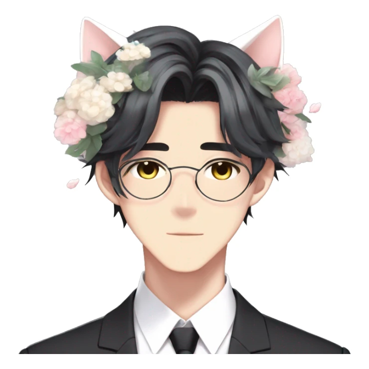 Gorgeous romantic anime style Asian formal modern shojo guy with cat ears and flowers and blushing face aesthetic trending style outside sticker
