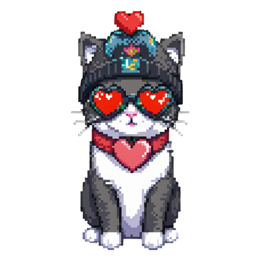 cat wearing a beanie and heart-shaped sunglasses sticker