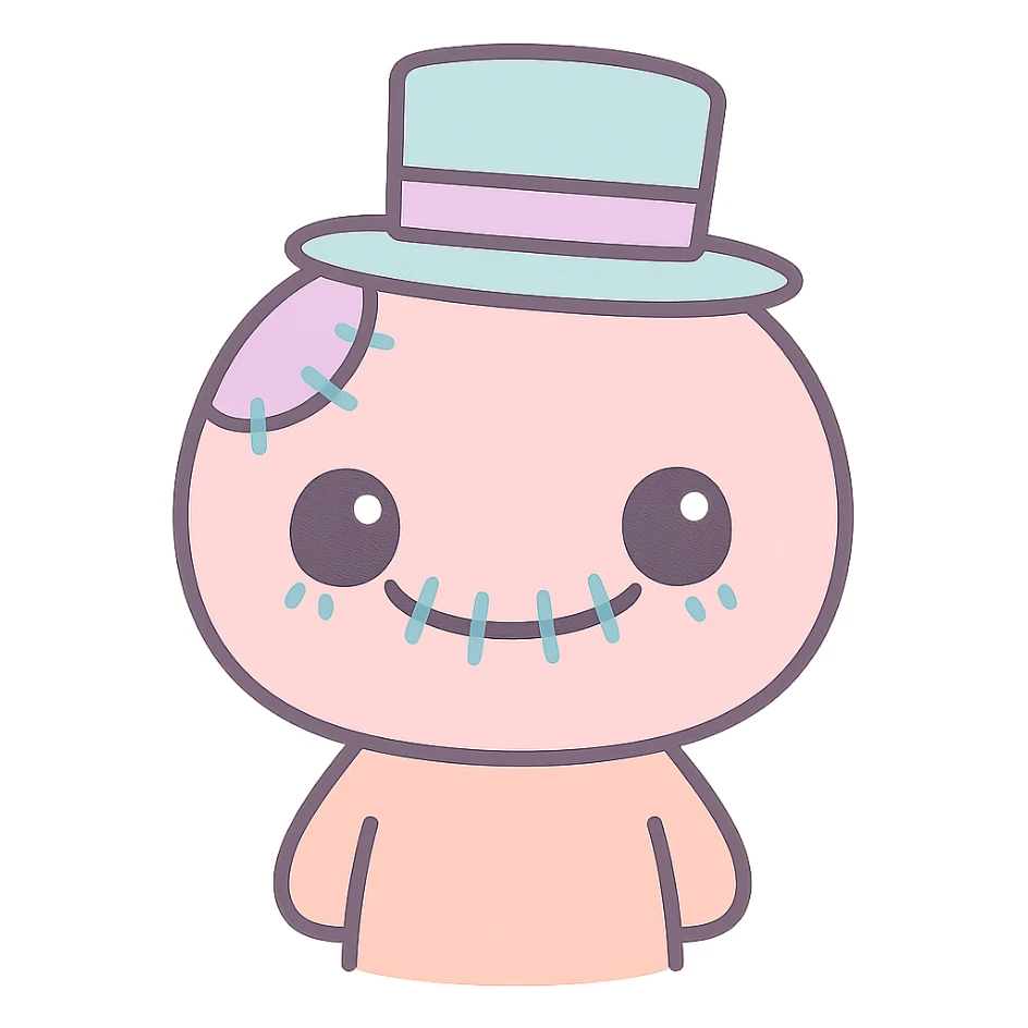 scary cute man, stitched smile, pastel colors, kawaii style sticker