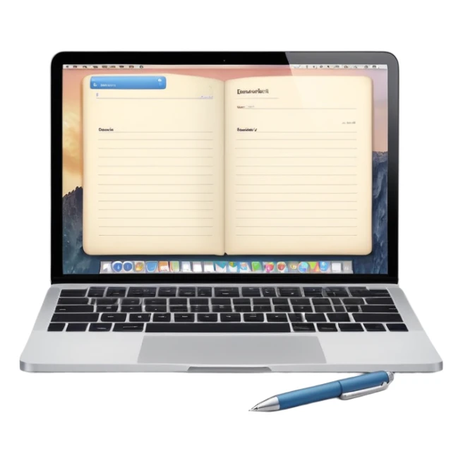 MacBook with booking app open beside vintage paper notebook and pen sticker