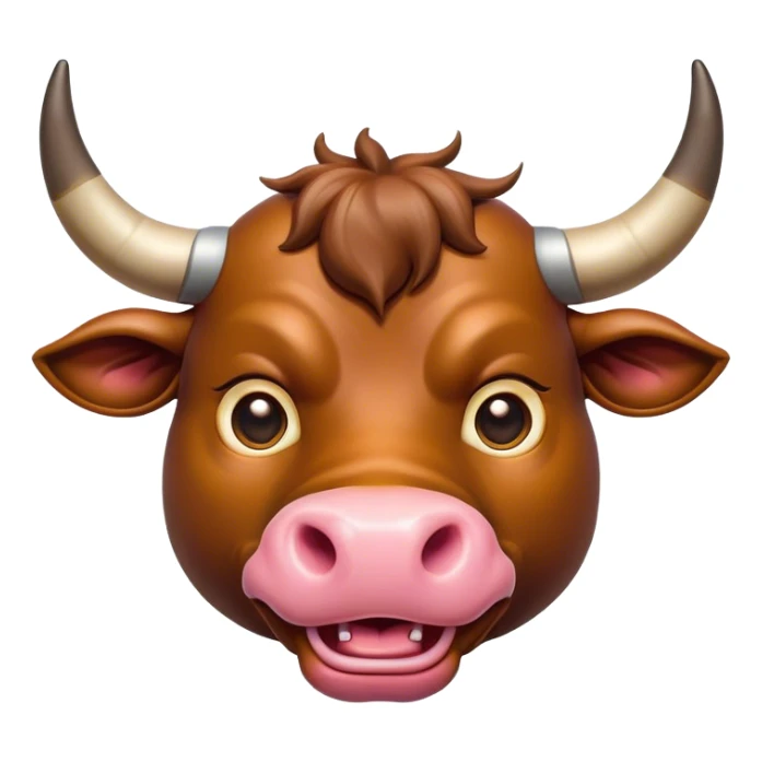 Cinematic Comical Domestic Bull Portrait Emoji, Head tilted dramatically with an exaggeratedly amused expression, featuring a striking, glossy coat with boldly defined horns and wide, expressive eyes brimming with playful disbelief, Simplified yet hilariously expressive features, highly detailed, glowing with a slightly sassy, earthy glow, high shine, dramatic yet playful, stylized with an air of cheeky rural mischief, soft glowing outline, capturing the essence of a spirited and over-the-top domestic bull that looks ready to charge its way into internet fame instantly! sticker