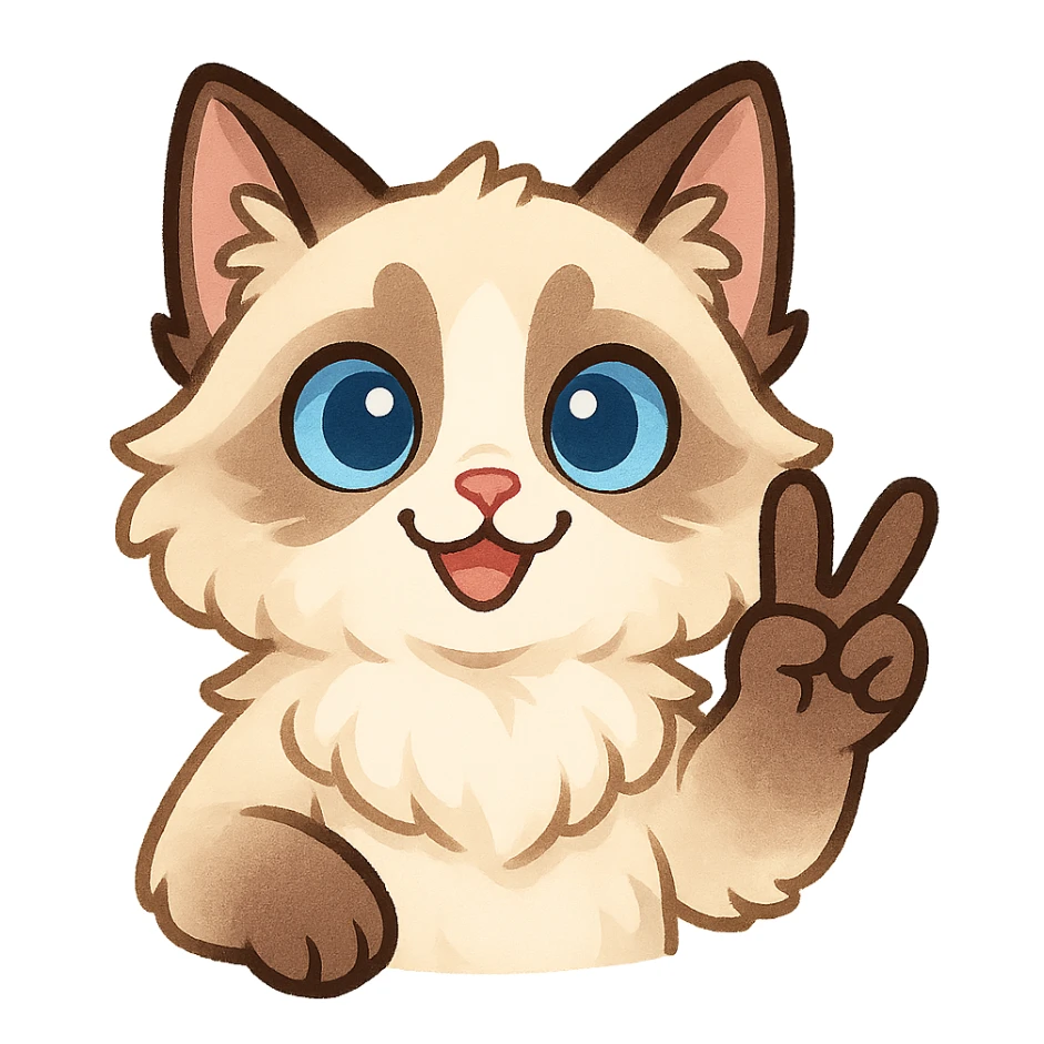 a ragdoll cat throwing a peace sign, fun expressive style, cute cartoonish, fluffy with blue eyes, soft fur, playful, cheerful and friendly sticker