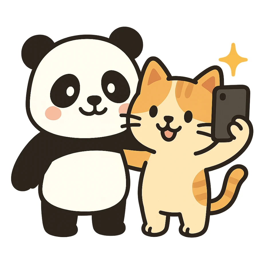 flat toon style panda and cat taking a selfie together sticker