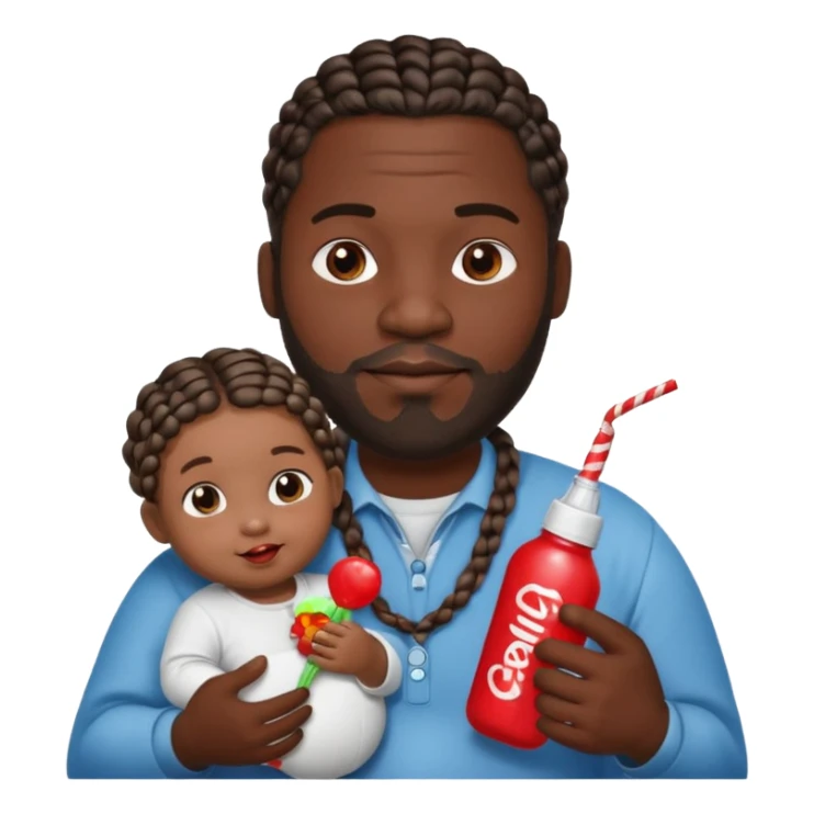 Big black man with braids hold a  baby bottle and a lollipop sticker