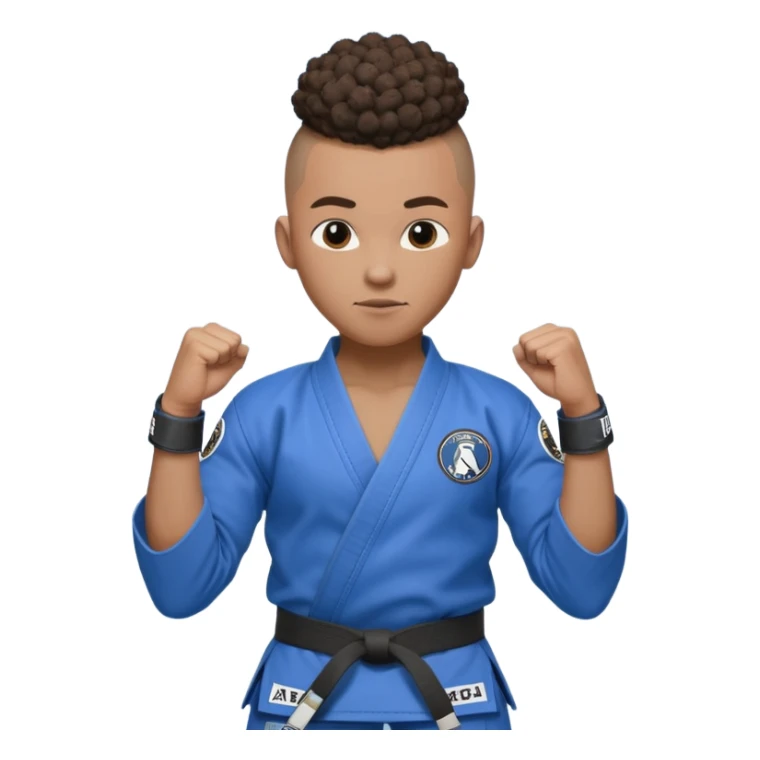 black karate instructor with pony tail afro hair and shaved bald sides haircut, Make the hair brown and the belt blue. Add the roger Gracie academy logo on the go also and the p logo of progress jiu jitsu on the right arm sleeve  at the top sticker