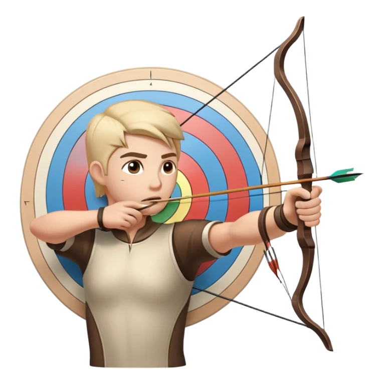 An archer drawing a bow and aiming an arrow at a target, with perfect focus and precision. The target is visible in the background, featuring concentric rings. The scene captures the concentration and skill involved in archery, emphasizing the elegance and accuracy of the sport. sticker