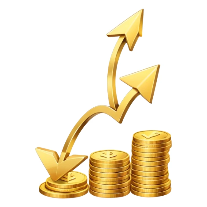 upward arrow beside a small stack of gold coins, financial growth symbol sticker