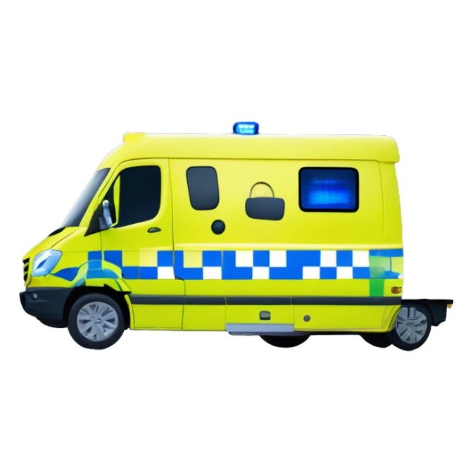 Mercedes sprinter ambulance, yellow body, with green and yellow checkerboard print strip along the bottom. NHS blue and white logo on the side. Blue flashing lights.  sticker