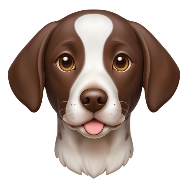 Cinematic Cute German Pointer Portrait Emoji, Playful and charming, soft brown and white tones, Simplified yet expressive features, highly detailed, glowing with a warm, friendly glow, high shine, joyful and loyal, stylized with a touch of whimsy, curious and alert, soft glowing outline, capturing the essence of a playful pup ready for adventure, so endearing it feels like it could jump out of the screen and wag its tail! sticker
