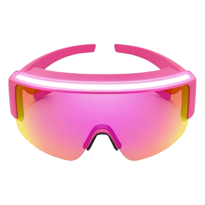 sporty pink shield visor sunglasses with thick frame and integrated LED light strip, tech-enhanced chunky design, massive build, one-piece lens with smart tint sticker